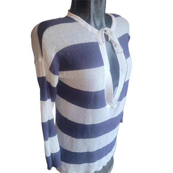 LOFT Navy and White Linen Blend V Neck Knit Top S - Picture 2 of 6